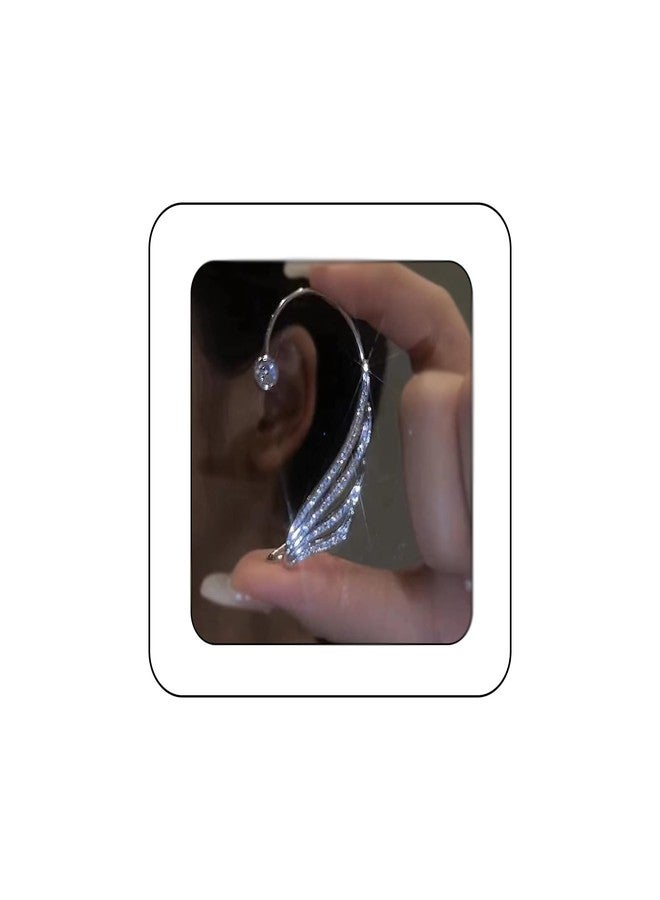 Rannyrena Elegant Rhinestone Butterfly Flower Tassel Ear Cuffs Fairy Wheat Wing Ear Wrap Non-pierced Wedding Bridal Clip on Earrings Costume Accessories for Women (Silver wing) - Image 1